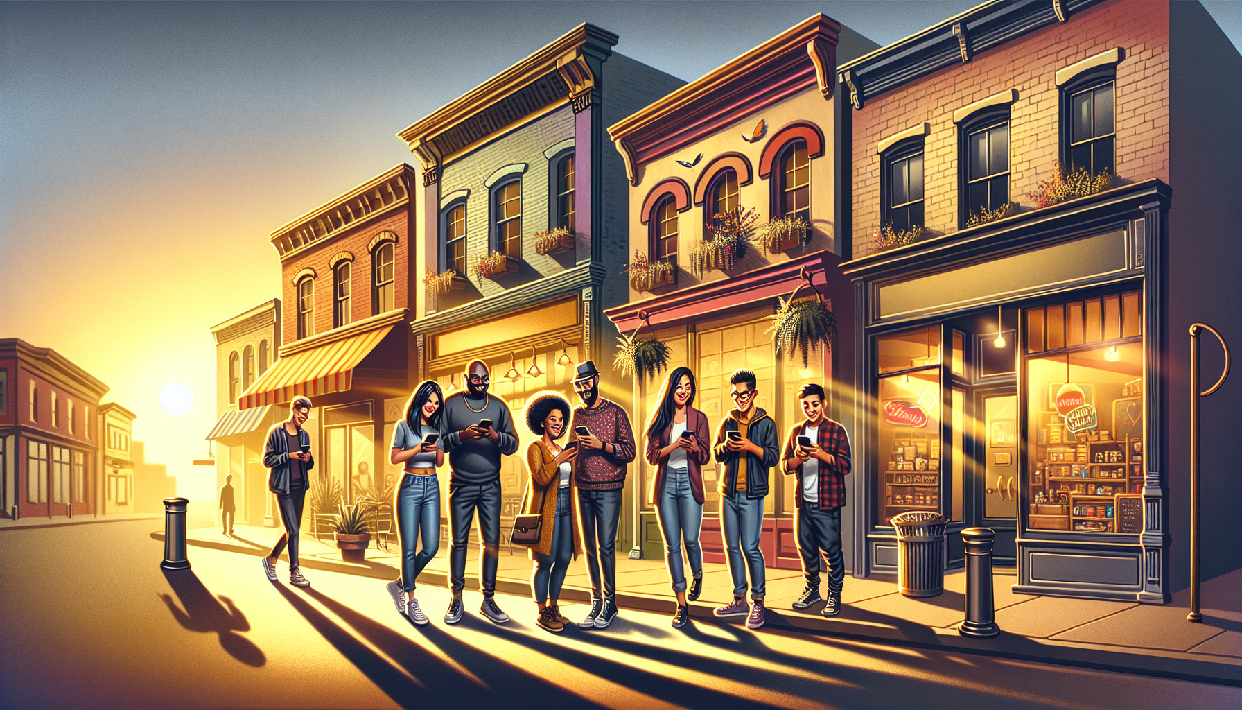 Digital painting of a vibrant street scene with people of various demographics happily using their smartphones to write positive online reviews, showcasing diverse local storefronts glowing under a wa