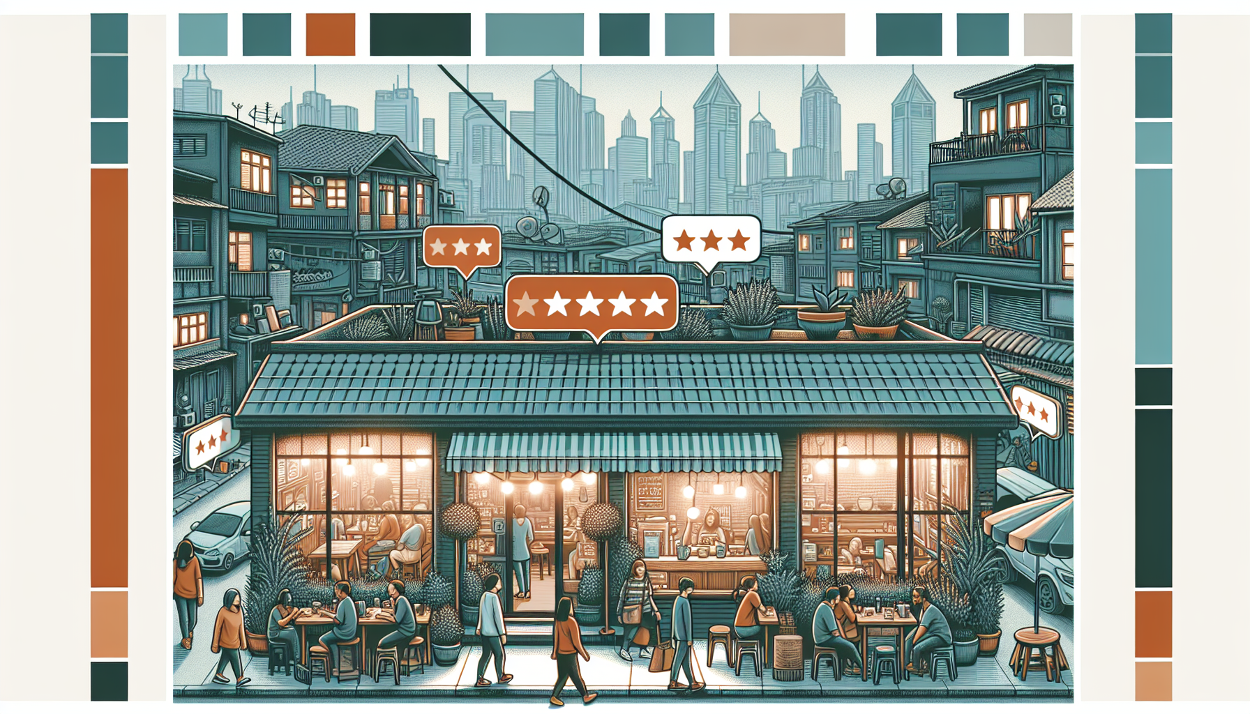 An illustrated guide showing a small cozy cafe bustling with satisfied customers, with visible five-star Yelp review notifications floating above the cafe, set in a vibrant, bustling city street scene