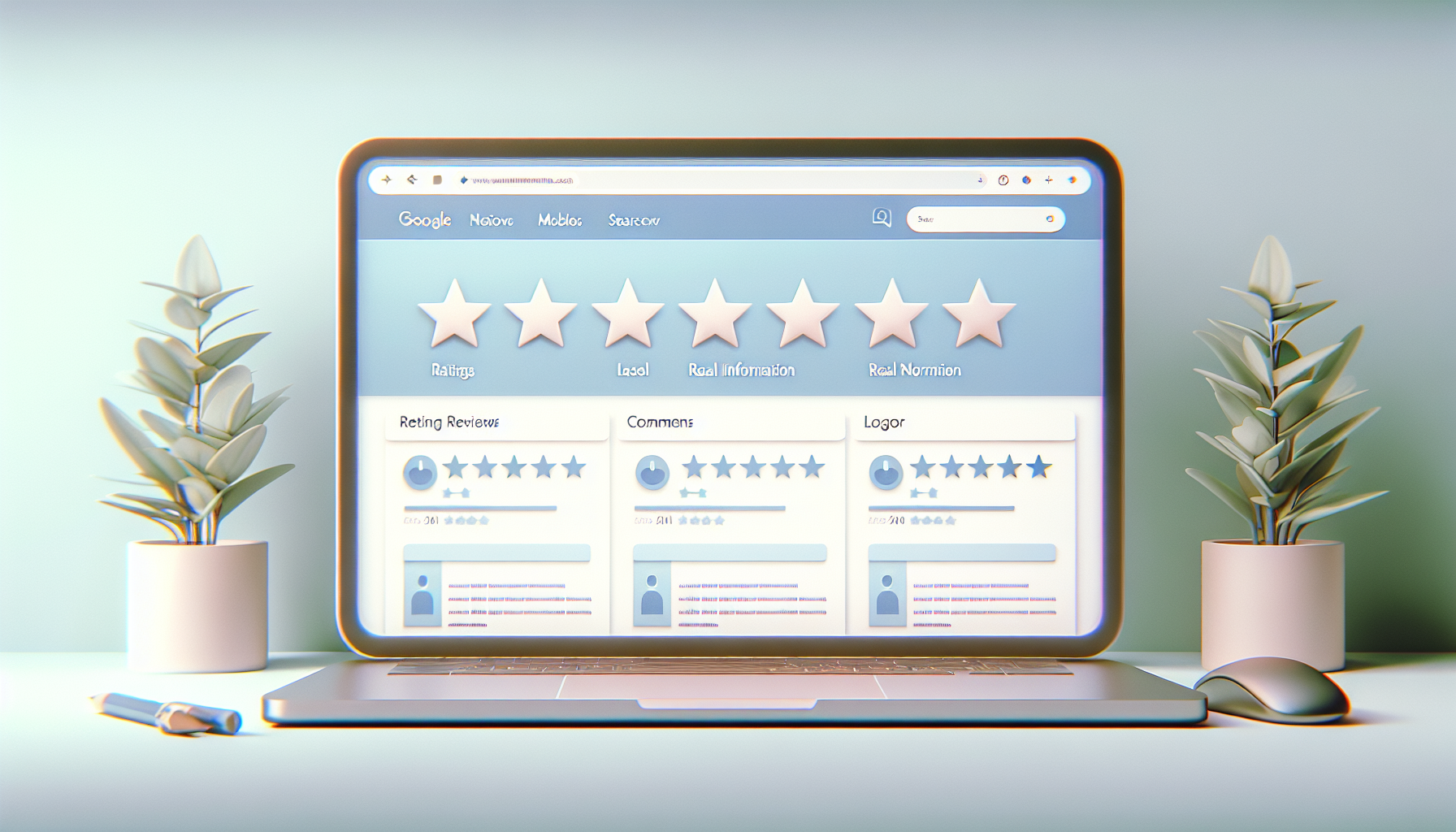 Create a photo-realistic image of a digital device screen, possibly a laptop or a computer, displaying several Google Reviews on a website. A user-friendly website interface can be seen, showing ratings, comments, and a search bar. The color scheme is subtle and soothing with soft shades dominating the visual space. There shouldn't be any personal information or real logos, instead, use neutral icons and place filler text.