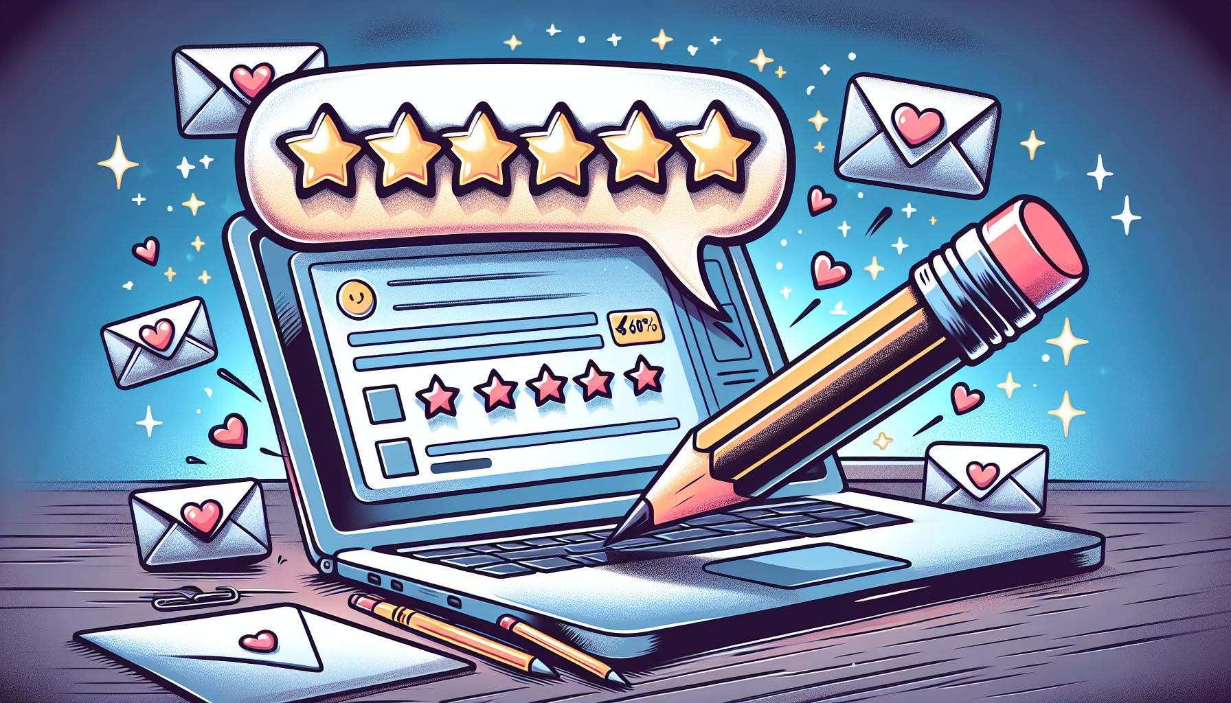 A cartoon illustration of a pencil writing a perfect review on a laptop screen, with a speech bubble filled with five shining stars right above it, surrounded by various email envelopes with hearts an