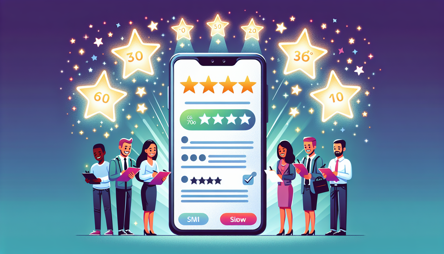 An illustration of a smartphone displaying a colorful SMS review and feedback template, surrounded by small, happy cartoon business owners taking notes, on a background of glowing 5-star ratings.