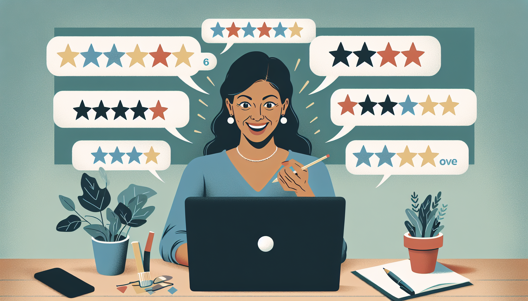 An inviting digital illustration of a small business owner happily engaging with customers on a laptop screen displaying the Facebook reviews section, with a variety of five-star ratings and positive
