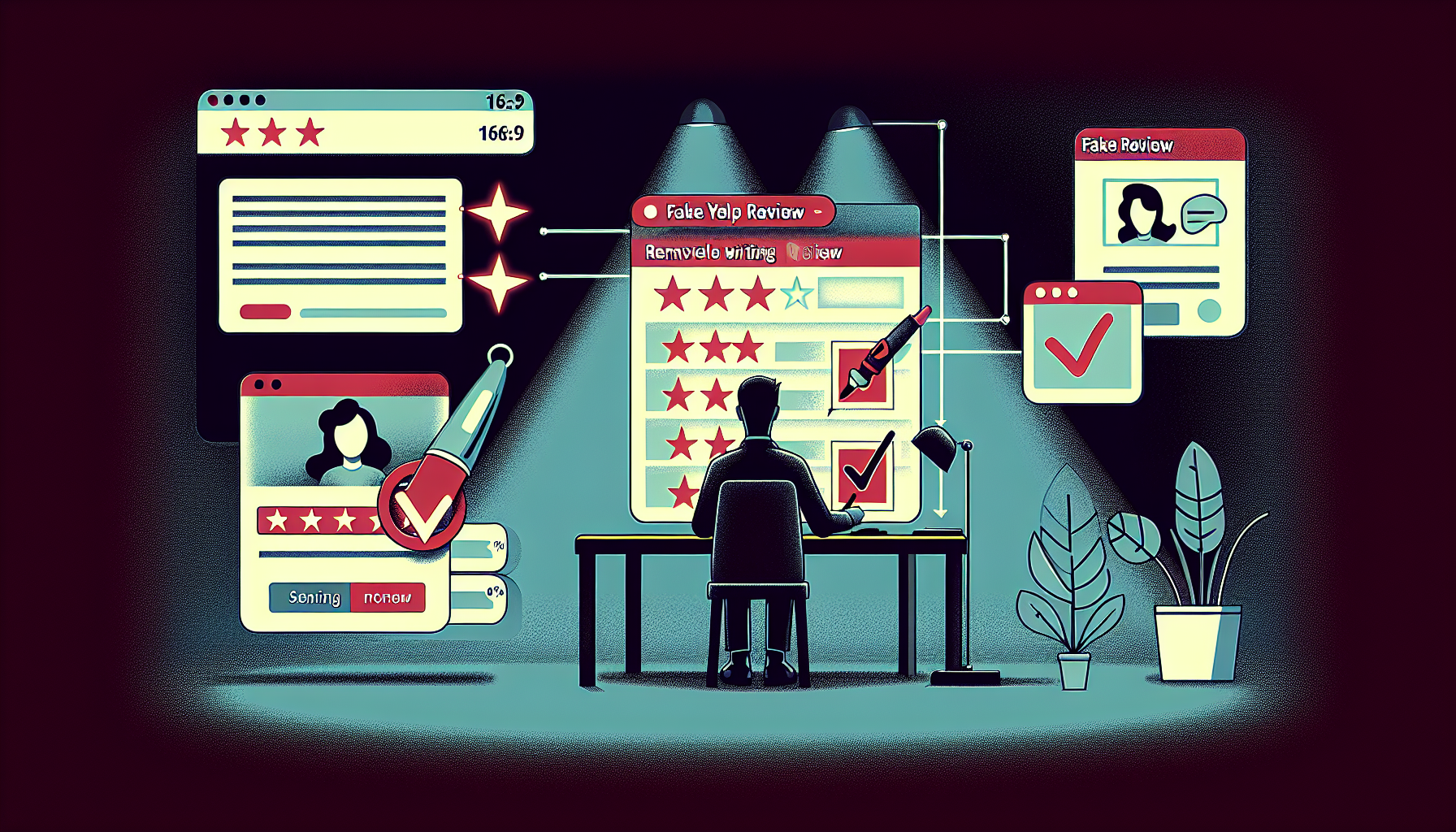 An illustrative and modern style image depicting the process of removing fake Yelp reviews. The image has an aspect ratio of 16:9 and is toned in accordance with the cinematic 60-30-10 color rule, with 10% of the image occupied by a strong primary color. The scene starts with a person writing a dishonest review on a screen, progresses through the platform identifying the fraudulent act, and culminates with the fake review being removed.