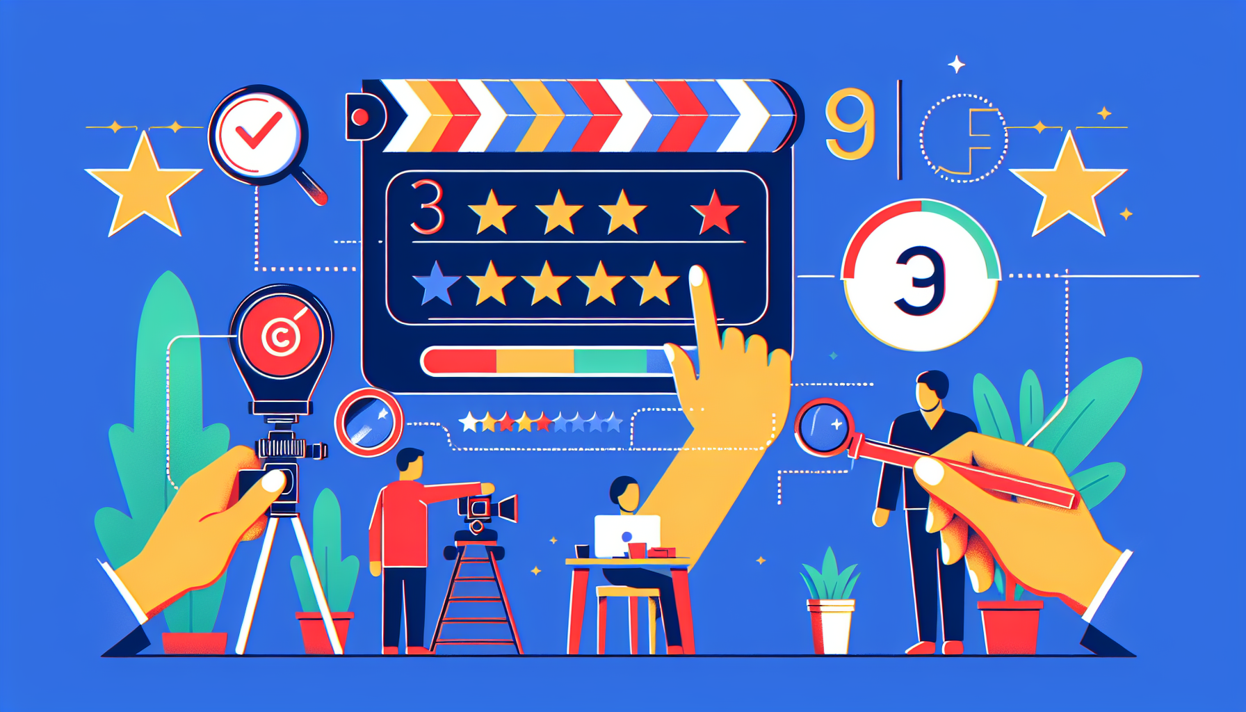 Create an image in modern, illustrative style, representing a step-by-step guide to creating a Google Review for a business. Use the cinematic 60-30-10 color toning rule, with 10% of the image using a strong primary color. The composition should maintain a 16:9 aspect ratio.