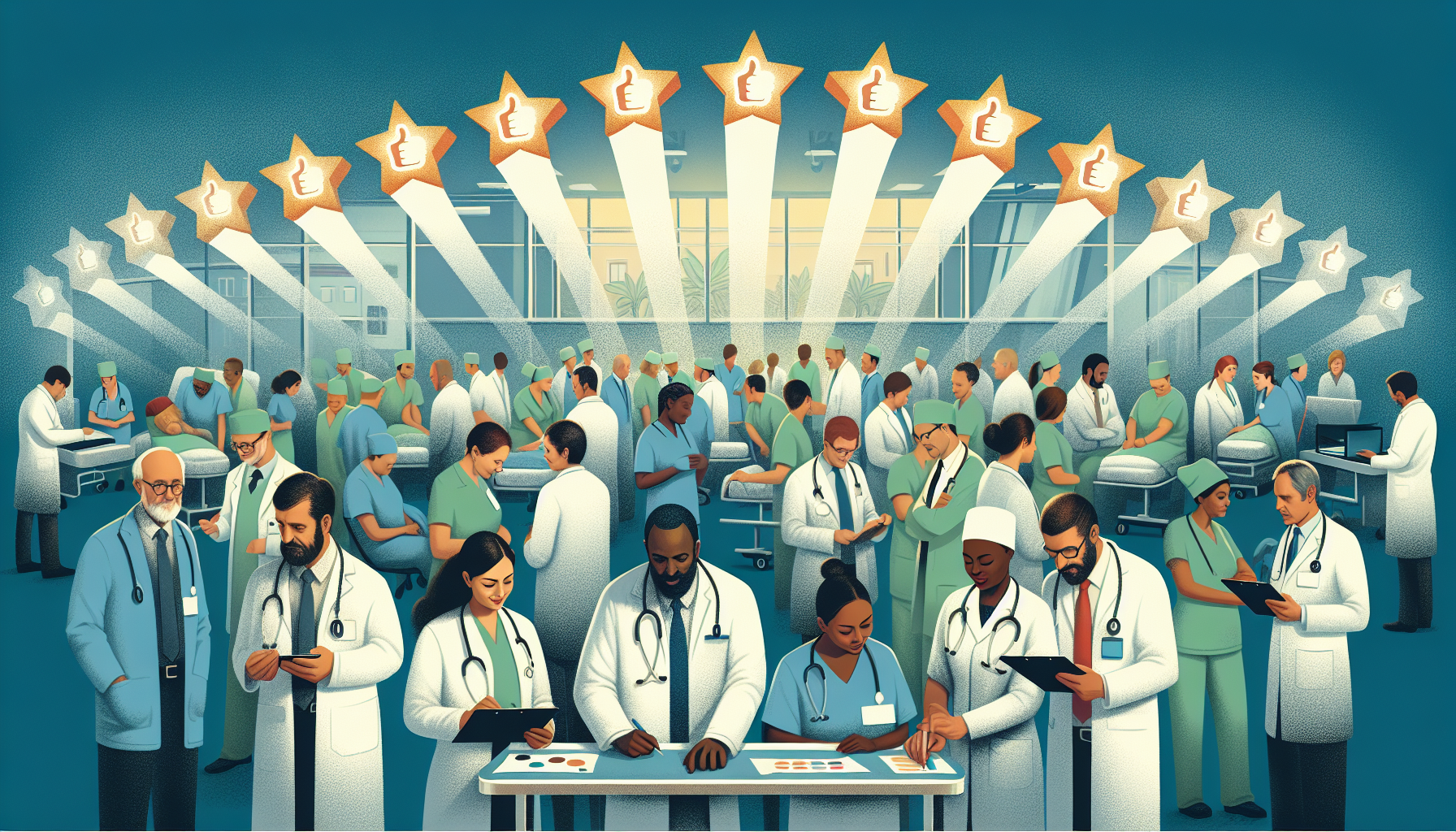 Digital illustration of a busy hospital scene with doctors and nurses working efficiently, surrounded by glowing reviews and stars floating in the background, depicting a positive reputation in health