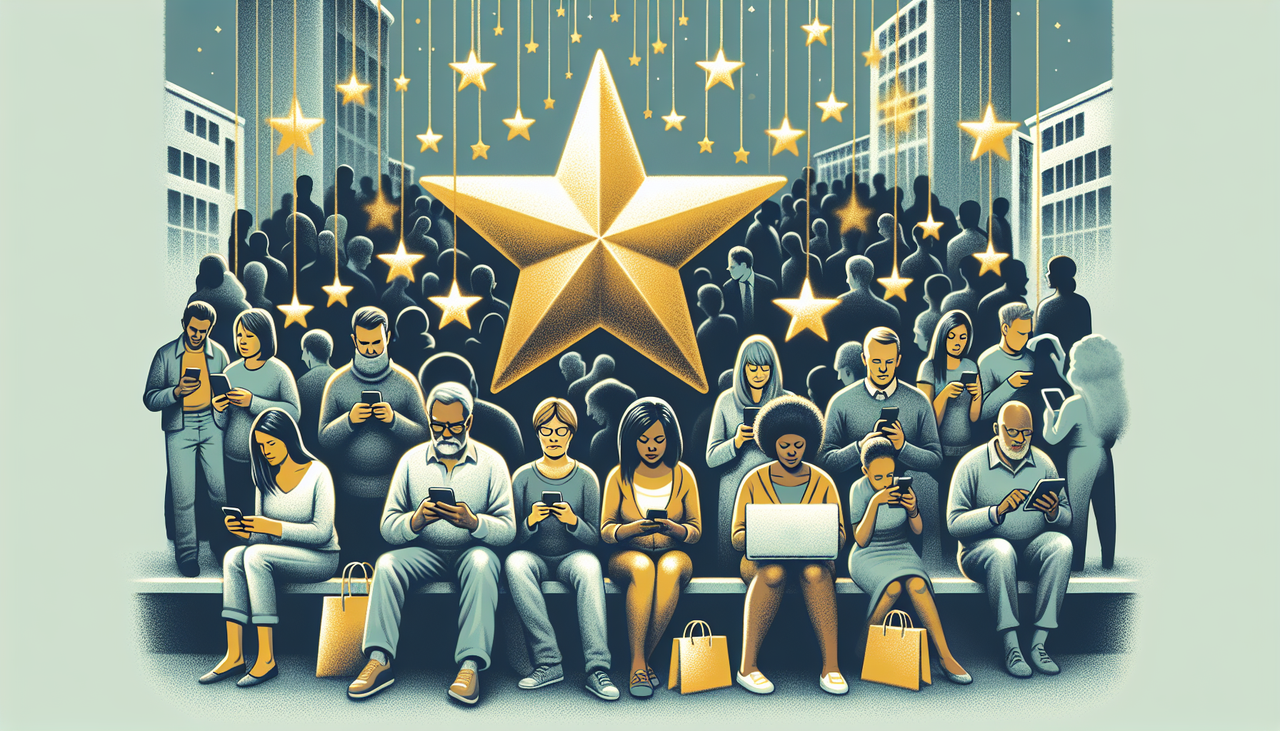 An illustrative image of diverse people of different ages and backgrounds leaving reviews on their smartphones and laptops, with a giant golden five-star rating symbol glowing brightly above them, sym