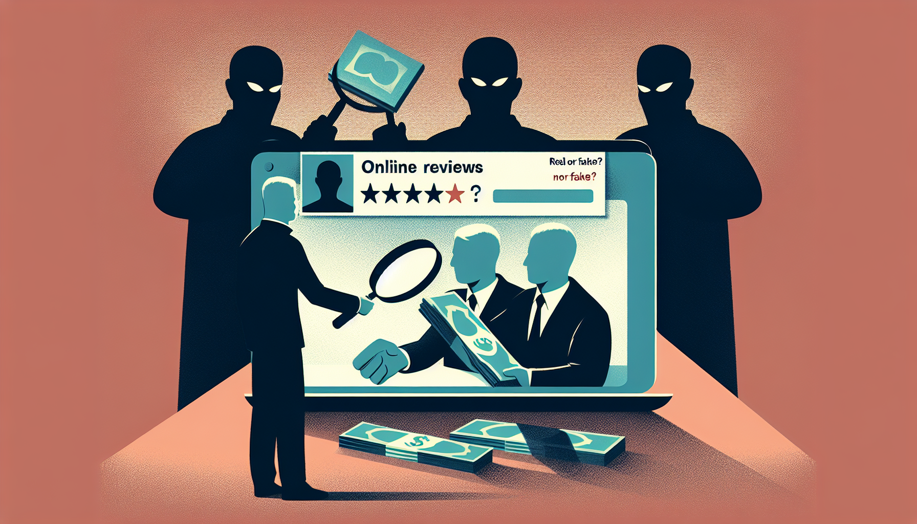 An illustrated image of a person buying reviews from a sketchy online vendor, with shadowy figures exchanging reviews for money in the background, and a magnifying glass highlighting the words 'real o