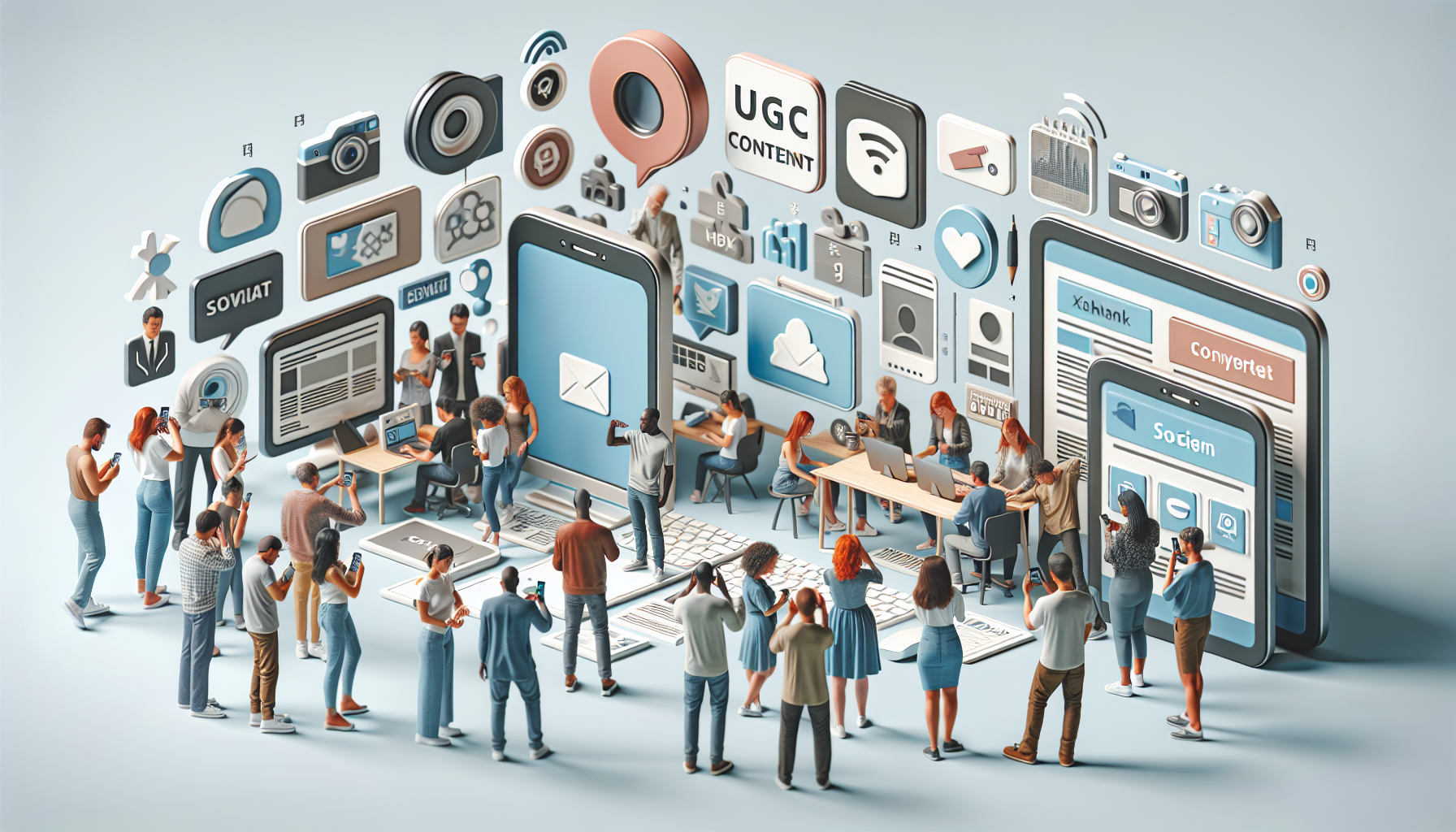 A photorealistic image illustrating the concept of User-Generated Content (UGC). Include an array of elements such as smartphones, computers, diverse group of people creating content, social media icons, and text content. The color palette should be subtle not too bright, including soft blues, warm greys, and pastels. Make sure to depict a balanced representation of men and women from varying descents such as Caucasian, Hispanic, Black, Middle-Eastern, and South Asian.